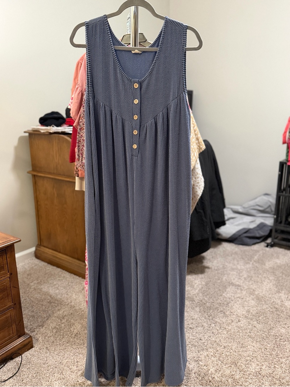 Lovely Melody Navy Ribbed Sleeveless Jumpsuit with Wooden Buttons